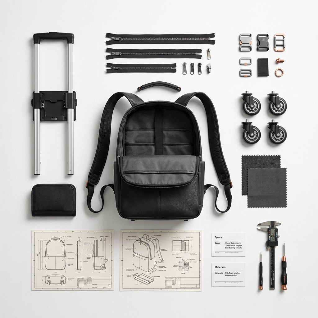 Lighter bag engineering breakdown — components, materials, and precision tools laid out in a knolling arrangement