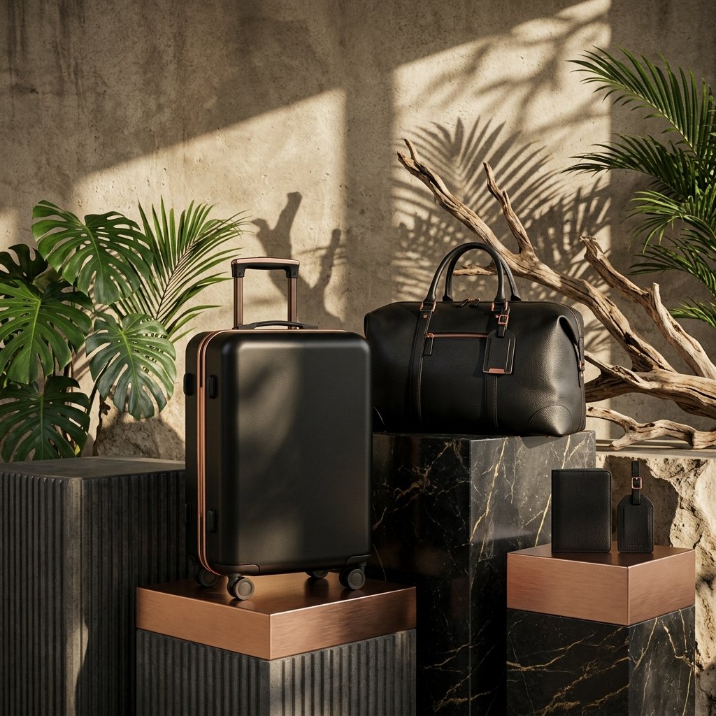 Complete Lighter collection displayed on marble and copper pedestals with tropical botanicals